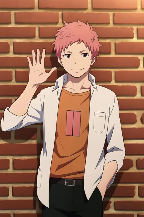 masterpiece, best quality, 1boy, renzou_shima, upper body, standing, hand in pocket, hand up, waving, looking at viewer, against wall, brick wall, pink hair, brown eyes, light smile, layered clothes, white shirt, open shirt, (orange t-shirt), black pants,
