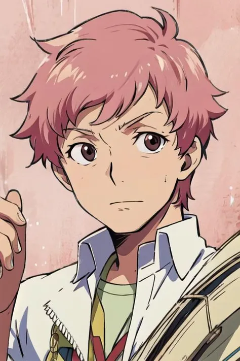 masterpiece, best quality, wallpaper, 1boy, solo, male focus, looking at viewer, , , <lora:renzou_shima:0.74>, renzou_shima, pink hair, brown eyes, , ,