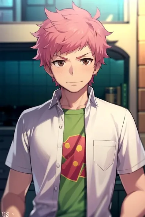 masterpiece, best quality, , 1boy, solo, male focus, looking at viewer, upper body, , <lora:renzou_shima:0.74>, renzou_shima, pink hair, brown eyes, , atompunk, 32k resolution