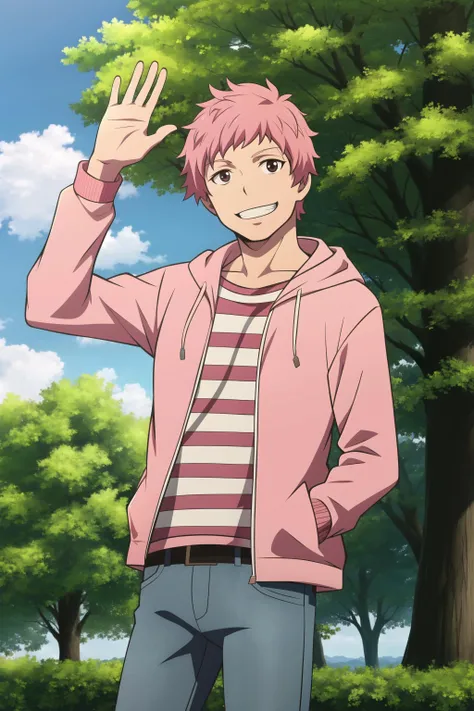 masterpiece, best quality, 1boy, solo, renzou_shima, cowboy shot, standing, hand in pocket, hand up, waving, looking at viewer, pink hair, brown eyes, grin, hooded jacket, ((pink striped t-shirt)), jeans, belt, park, tree, cloud,