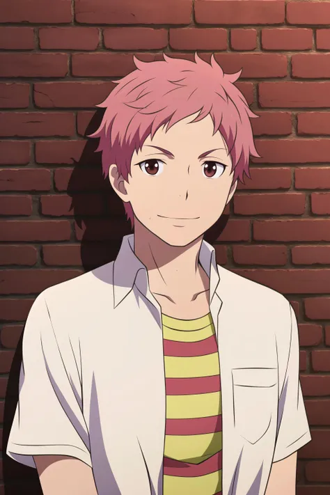 masterpiece, best quality, 1boy, renzou_shima, portrait, upper body, standing, looking at viewer, against wall, brick wall, pink hair, brown eyes, light smile, layered clothes, white shirt, open shirt, (striped t-shirt),