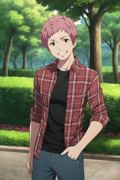 masterpiece, best quality, 1boy, portrait, cowboy shot, renzou_shima, looking at viewer, standing, arm at side, pink hair, brown eyes, happy, grin, (casual, layered clothes, ((red plaid shirt)), open shirt, (black t-shirt), jeans), park, tree,