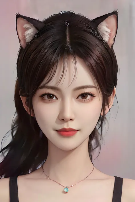 (Best quality, masterpiece, detailed, 8k, 32k, Masterpiece, UHD:1.2), refphoto, Photo of pretty korean woman, 1girl, (cat ear), double eyelid, (choker), pink background, faint smile, red lips <lora:refphoto_front-05:1.1> , realistic, photo-realistic