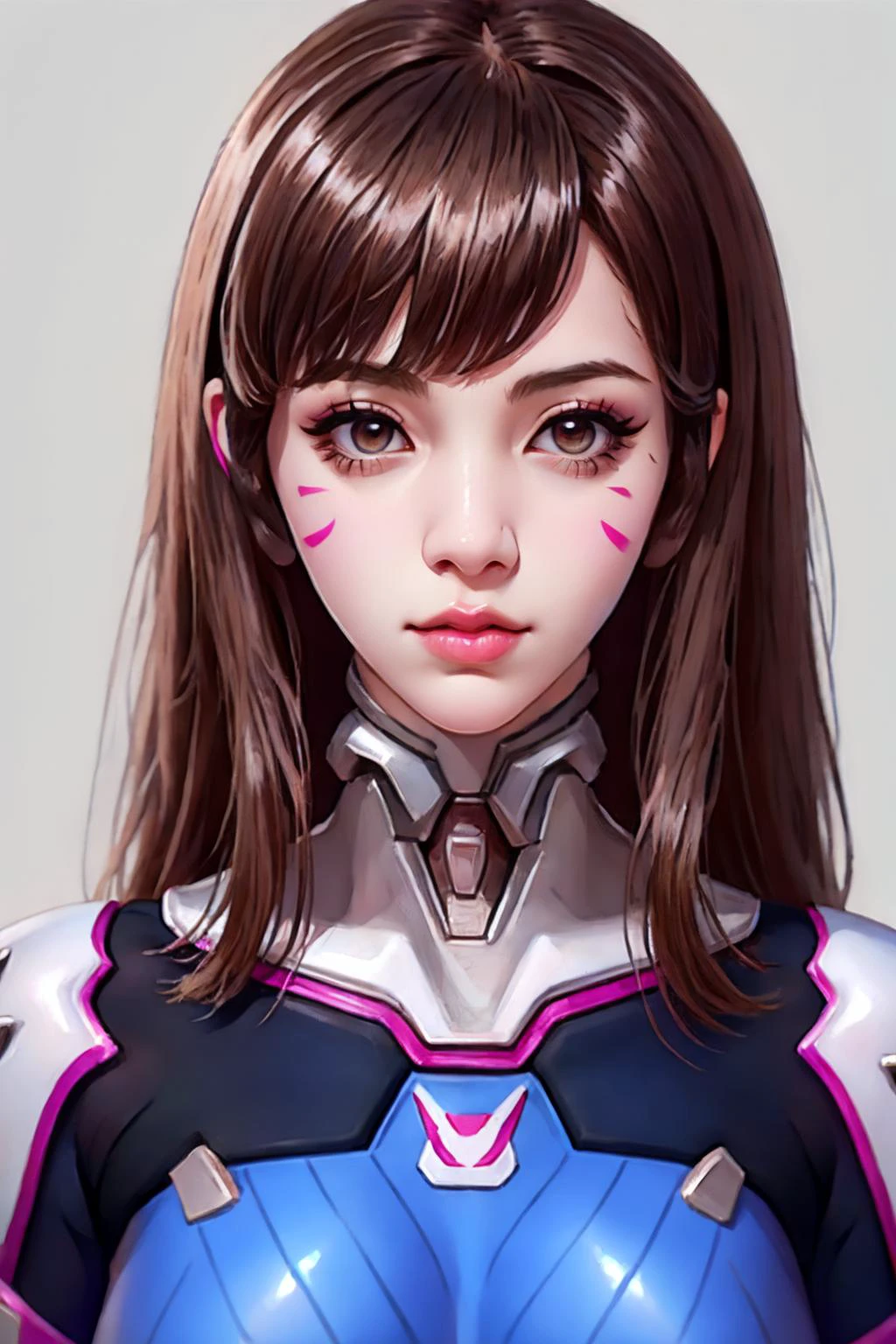 (face:1.3), 1girl, solo, photorealistic, masterpiece, best quality, closed mouth, refphotofront, looking at viewer, simple background, <lora:refphoto_front-05:1.5:1,1,1,1,1,1,1,1,0,0,0,0,1,1,1,1,1>, <lora:dva:0.8:1,1,1,1,1,1,1,0,1,1,1,1,1,1,1,1,1> d.va (overwatch), solo, long hair, whisker markings, bodysuit, brown hair, facial mark, gloves, breasts, brown eyes, pilot suit, animal print, bangs,