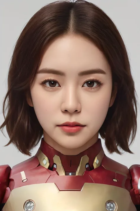 (Best quality, 8k, 32k, Masterpiece, UHD:1.2), refphoto, Photo of Pretty Japanese woman,  1girl, (medium-short dark brown hair), double eyelid, (ironman suit:1.3), white background, faint smile,  <lora:refphoto_front-05:0.8> , realistic, photo-realistic