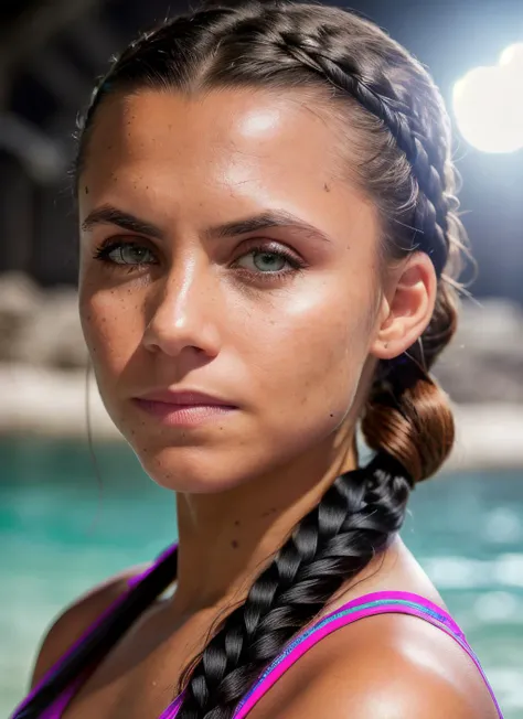 portrait of skswoman, hopeful , wearing beachwear , with black Side braid , background dungeon epic (photo, studio lighting, hard light, sony a7, 50 mm, matte skin, pores, colors, hyperdetailed, hyperrealistic), <lyco:Aura GarridoV3:1.0>