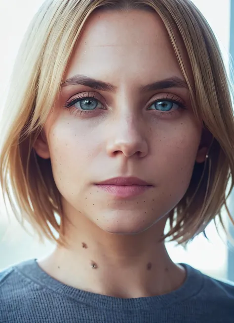 portrait of skswoman, thoughtful , wearing casual wear , with light blonde Bob , background space station epic (photo, studio lighting, hard light, sony a7, 50 mm, matte skin, pores, colors, hyperdetailed, hyperrealistic), <lyco:Aura GarridoV3:1.1>