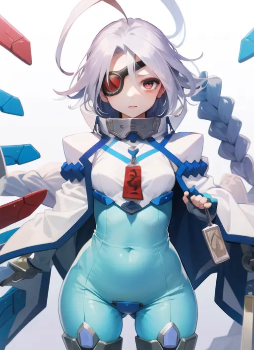 (masterpiece, best quality, high resolution),cowboy shot, 1girl, nu13ms, eyepatch, bodysuit, cape, mecha musume, crotch plate, <lora:Nu13MS:1>