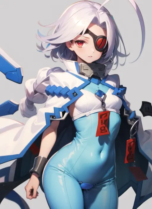(masterpiece, best quality, high resolution),cowboy shot, 1girl, nu13ms, eyepatch, bodysuit, cape, mecha musume, crotch plate, <lora:Nu13MS:1>