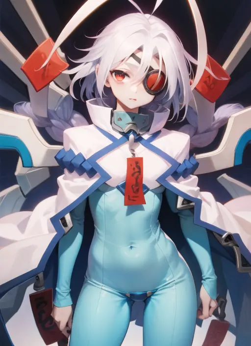 (masterpiece, best quality, high resolution),cowboy shot, 1girl, nu13ms, eyepatch, bodysuit, cape, mecha musume, crotch plate, <lora:Nu13MS:1>