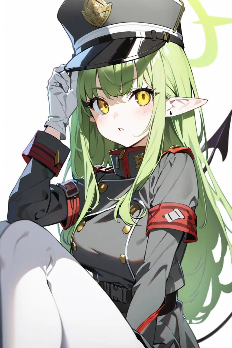 1girl,upper body,white background,
ultra-detailed,best quality,(masterpiece), <lora:yoneyamaiXL:0.8> <lora:highlander-left_v0.91_blue archive_PONT_last:1> highlander-left,yellow eyes, green hair, long hair, pointy ears,halo,demon tail, jacket,skirt,arm band,white pantyhose, white gloves,peaked cap,boots