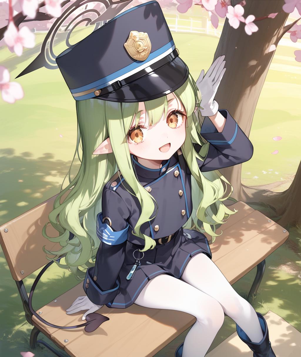Anime girl sitting on a bench in a park with a hat on - SeaArt AI