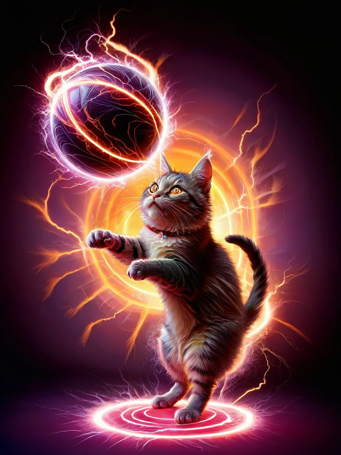 A cat attempting to bat at a ball of static cling, its paws crackling with ral-elctryzt anticipation, only to have the ball vanish in a puff of electrified fur. <lora:ral-elctryzt-sdxl:1>,<lora:EnvyBetterHiresFixXL01:0:hr=1>