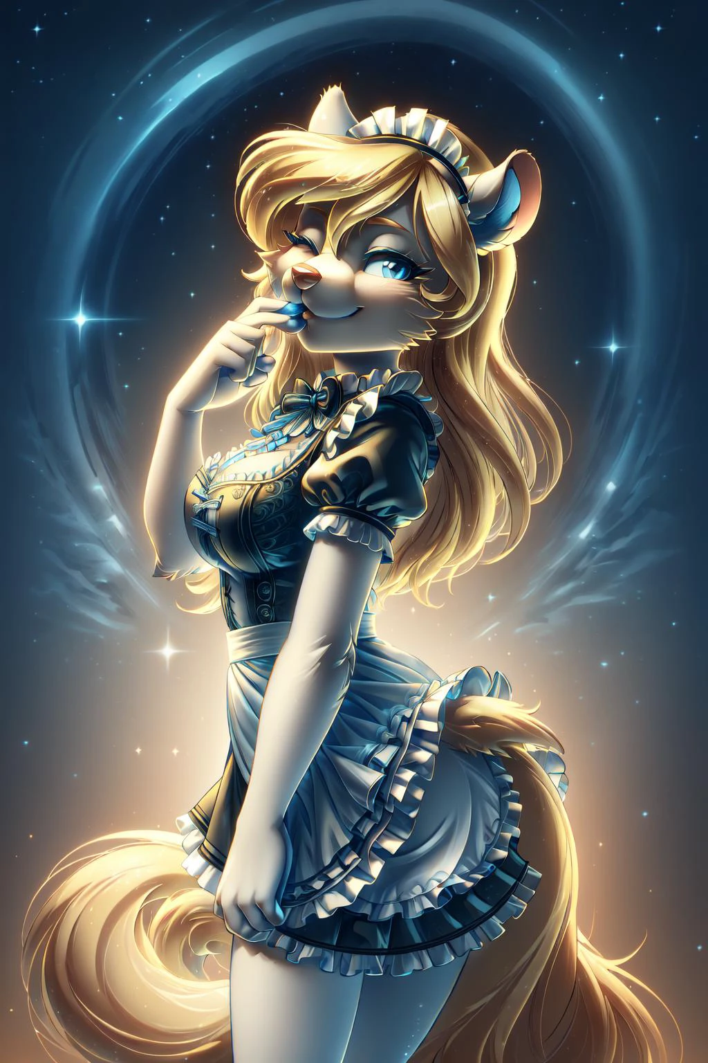<lora:ral-elctryzt-sd15:0.75><lora:minerva-v1-novelai:1> minerva, (see-through ral-blueresin sexy maid uniform), (ral-elctryzt blonde hair:1.4), (detailed perfect eyes:1.2), white fure, (detailed fluffy fur:1.2), perfect hourglass body, mink snout, (long fluffy blonde tail:1.2), one eye closed, one eye open, (one finger in front of mouth:1.2),
from behing, looking at viewer, grin, hands on ass,
(masterpiece:1.2), (highly detailed:1.2), (intricate:1.2), (best quality:1.2),(8k:1.2),
cinematic summer light, vivid colors <lora:ral-blueresin:1>
flying ship bridge, night sky, starfield