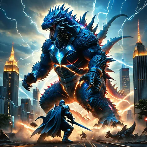 amazing quality, masterpiece, best quality, hyper detailed, ultra detailed, UHD, HDR, wide-angle lens, 
(an action shot of a knight fighting a giant fantasy Godzilla in the city:1.2),
glowing blue light,
glowing Godzilla,
Godzilla surrounding with ral-elctryzt,
broken buildings,
Godzilla far away,
lightning in the sky,
<lora:XL_boss_battle:0.8>, Bosstyle,
<lora:ral-elctryzt-sdxl:0.6>, 
 <lora:add-detail-xl:0.75>,
 <lora:EnvyBetterHiresFixXL01:1.0>,
 <lora:extremely_detailed:1.2> extremely detailed,