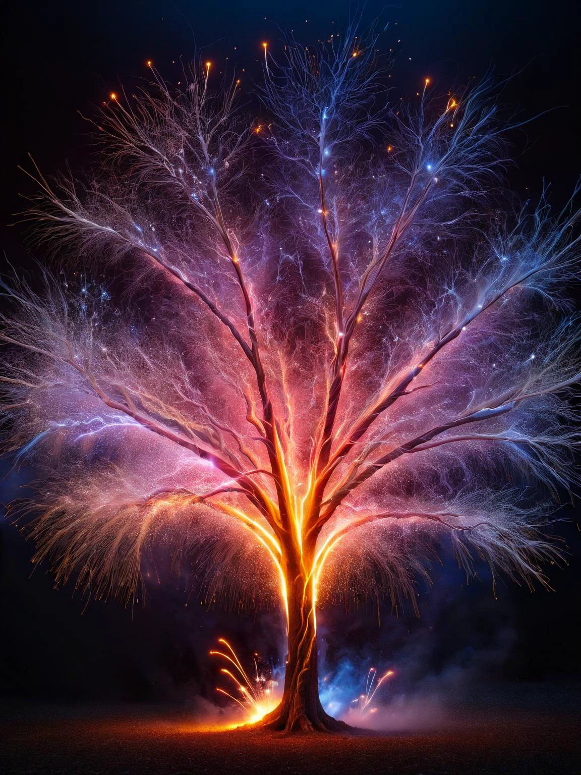 A tree struck by ral-elctryzt, its branches glowing with veins of ral-elctryzt, sap fizzing and popping like miniature fireworks. <lora:ral-elctryzt-sdxl:1>,<lora:EnvyBetterHiresFixXL01:0:hr=1>