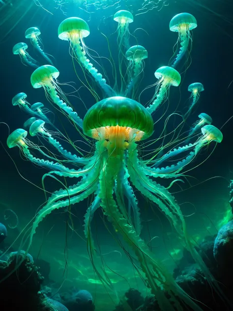 An ocean filled with jellyfish pulsing with ral-elctryzt light, their tentacles trailing arcs of blue and green, illuminating the depths like an underwater rave. <lora:ral-elctryzt-sdxl:1>,<lora:EnvyBetterHiresFixXL01:0:hr=1>