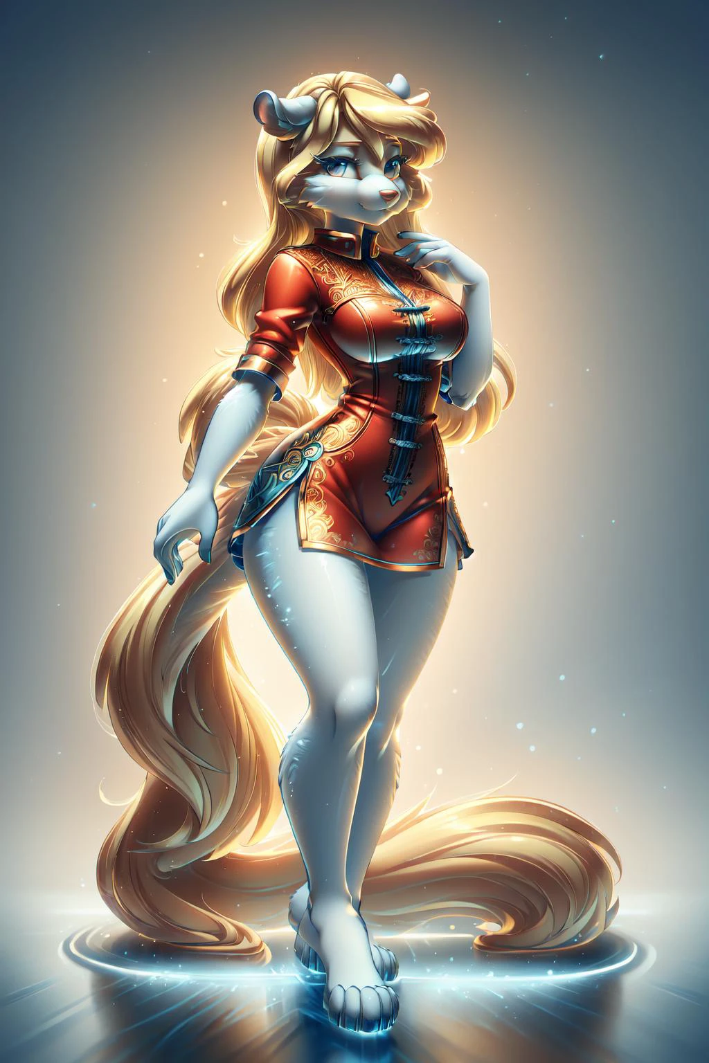 <lora:ral-elctryzt-sd15:0.75><lora:minerva-v1-novelai:1> minerva, (ral-blueresin red clothes), (ral-elctryzt blonde hair:1.2), (detailed perfect eyes:1.2), white fure, (detailed fluffy fur:1.2), perfect hourglass body, mink snout, (long fluffy blonde tail:1.2)
(masterpiece:1.2), (highly detailed:1.2), (intricate:1.2), (best quality:1.2),(8k:1.2),
cinematic summer light, vivid colors <lora:ral-blueresin:1>