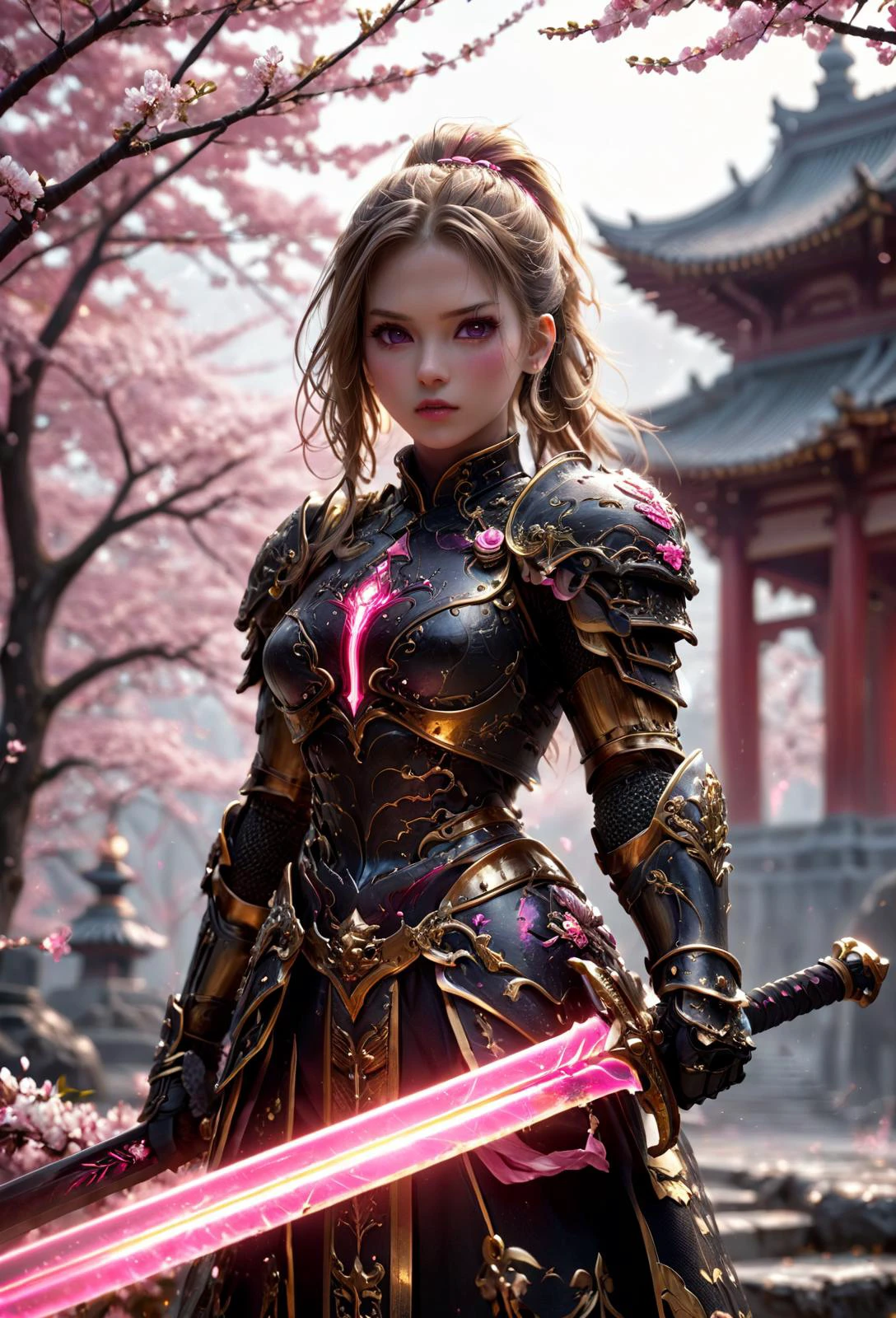 amazing quality, masterpiece, best quality, hyper detailed, ultra detailed, UHD, perfect anatomy, blurry background, outdoor,(cherry blossoms:0.5), fog, studio lighting, bright foreground, face to viewer, background light, temple,
(black hybrid gold) armor, female, pink eyes, holding, sword with ral-elctryzt, ponytail, glowing, shine, dazzling, (on side:1.2), dark blond hair, highlights,
<lora:FantasyKnightsHKStyle:0.85>, HKStyle,
<lora:add-detail-xl:0.75>,
<lora:EnvyBetterHiresFixXL01:0.75>,
<lora:extremely_detailed:1.5>, extremely detailed,
<lora:ral-elctryzt-sdxl:0.6>,