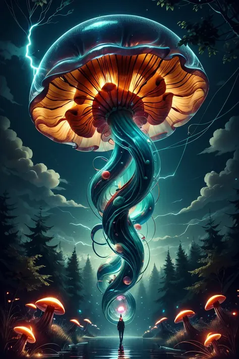 colorful slimey glowing jellyfish mushroom, nature, forest, outdoors, tree, walking, water, at night, bright sky, lightning ral-elctryzt ,<lora:ral-elctryzt-sd15:1>,