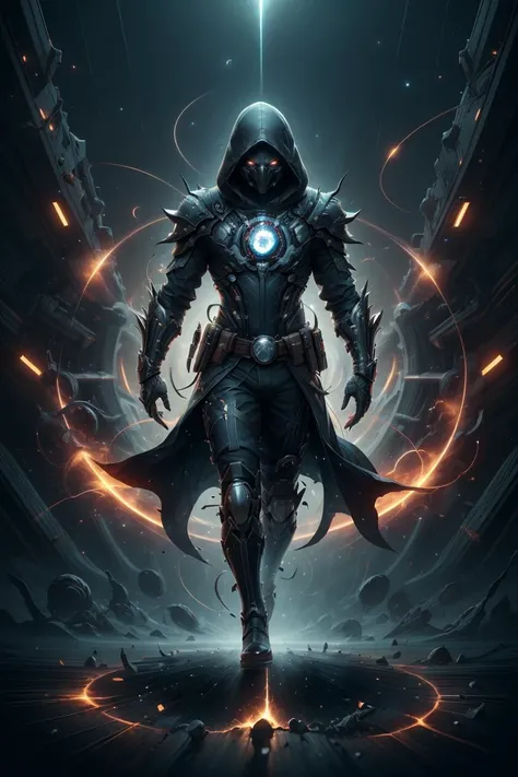 full body shot portrait,solo,(full body:0.6),looking up,detailed background,detailed face,warp,scifi,excessive energy,ulblackholetech theme:1.1),dark shadow-assassin,hidden truth,corruptor,ral-elctryzt outfit,ral-elctryzt hood,dark brown ral-elctryzt armour,ral-fluff belt,dark ral-elctryzt intent,creeping shadows,dynamic pose,specters in background,starry night sky,wind blowing,eerie calm,ominous atmosphere,colorful picture ral-elctryzt,<lora:ral-elctryzt-sd15:0.8>,