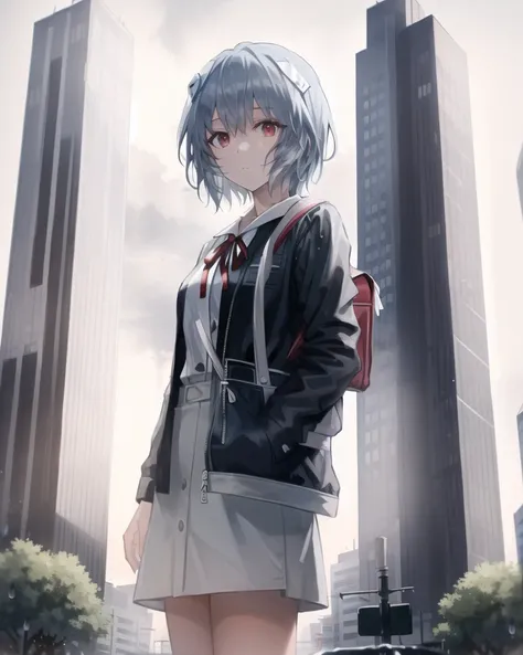 best quality,highly detailed,masterpiece,ultra-detailed,solo,1girl,(white background:1.5),(Delicate eyes),ayanami_rei,building, bird, city, ribbon, outdoors, skyscraper, red_ribbon, neck_ribbon, utility_pole, solo, short_hair, power_lines, grey_sky, cloud, rain, sky, scenery, overcast, airplane, bag, cityscape, jacket, cloudy_sky, road, aircraft, ruins, lamppost, school_uniform,blue hair,