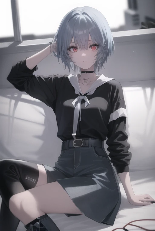 1girl, 20 year old, ayanami rei, blue hair, short_hair, power_lines,interface_headset, depth_of_field, embedded, 90s_clothes, emo, <lora:evaAyanamiRei_arV1:0.6>, rock, tatoos, blonde_hair, smokey eyes makeup ((black_clothes)), black_shirt, black_pants, high_boots, self_upload, solo, tattoos, no_sleeves,