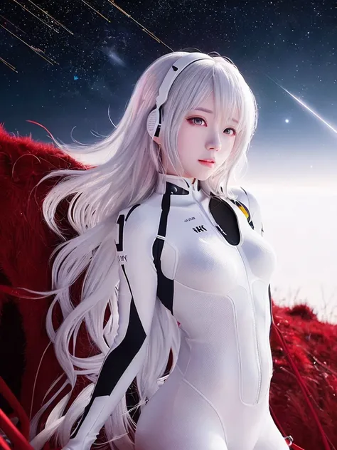 (8k, best quality, masterpiece:1.2),highly detailed,masterpiece,ultra-detailed,solo,1girl,(white background:1.5),(Delicate eyes),plugsuit, 1girl, star_\(sky\), long hair, hair, starry_sky, bodysuit, ayanami_rei, solo, night_sky, red_eyes, red_background, breasts, white_bodysuit, pilot_suit, lance_of_longinus, bangs, light_particles, interface_headset, souryuu_asuka_langley,<lora:koreanDollLikeness_v10:0.2>,<lora:taiwanDollLikeness_v10:0.3>,<lora:evaAyanamiRei_arV1:0.5>,full body,