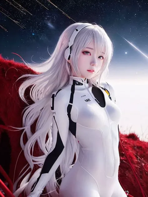 (8k, best quality, masterpiece:1.2),highly detailed,masterpiece,ultra-detailed,solo,1girl,(white background:1.5),(Delicate eyes),plugsuit, 1girl, star_\(sky\), long hair,  hair, starry_sky, bodysuit, ayanami_rei, solo, night_sky, red_eyes, red_background, breasts, white_bodysuit, pilot_suit, lance_of_longinus, bangs, light_particles, interface_headset, souryuu_asuka_langley,<lora:koreanDollLikeness_v10:0.2>,<lora:taiwanDollLikeness_v10:0.3>,<lora:evaAyanamiRei_arV1:0.5>,full body,