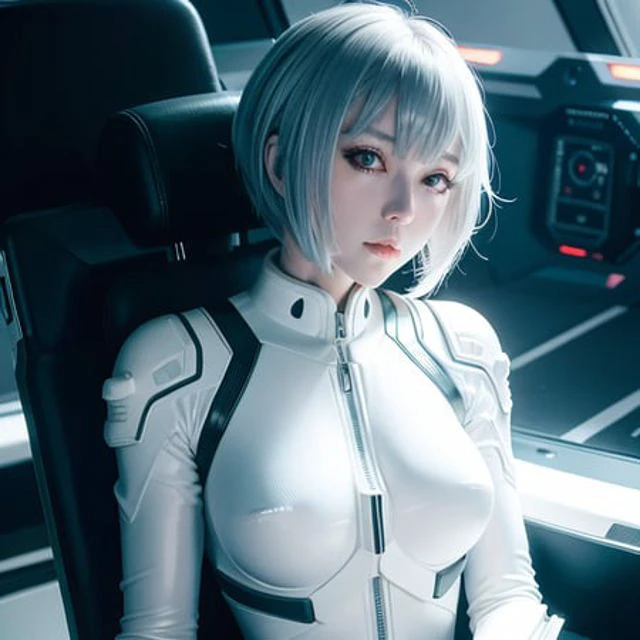 best quality, ultra high res, 1girl, masterpiece,,plugsuit, bodysuit,solo,((( huge breasts))), white_bodysuit, pilot_suit, lance_of_longinus, bangs, Triangular psychosensory devices on both sides of the head, souryuu_asuka_langley,taut_clothes,bokeh,clothes with a sense of mechanical technology, the small logo pattern on the chest is zero,(((short hair))),(((short hair))),(((short hair))), bodysuit, white bodysuit, pilot suit, bangs,ayanami rei<lora:evaAyanamiRei_arV1:0.7>, <lora:museGirlfriendV2_v2:0.4>