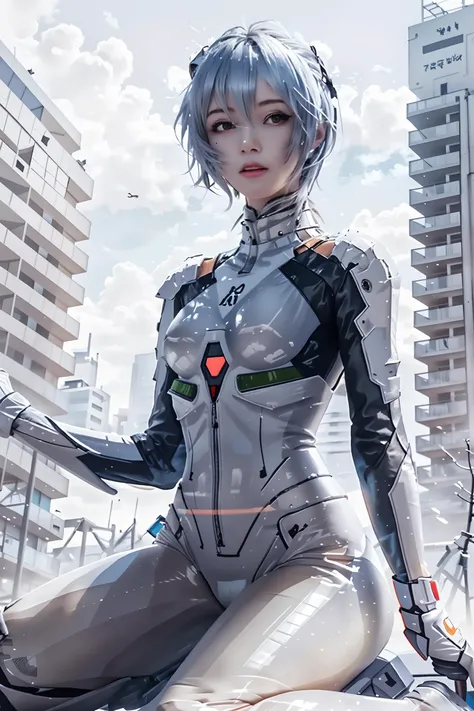 (elevation:1.4,from below,) best quality,highly detailed,masterpiece,ultra-detailed,solo,1girl,(wariza),kneeling,sitting,legs together,looking down,looking_at_viewer,plugsuit,ayanami_rei,bodysuit,white_bodysuit,red_eyes,solo,outdoors,ruin city,cloud,sky,backlighting,pilot_suit,short_hair,blue_hair,bangs,interface_headset,turtleneck,hair_between_eyes,skinny,parted_lips,small_breasts,