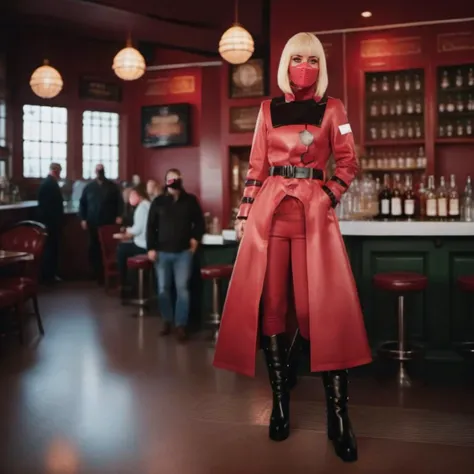 cinematic photo a full body woman with a pink mask in a red long coat and boots, having a cocktail with a straw in a pub <lora:Kiwi1024-250:0.8> . 35mm photograph, film, bokeh, professional, 4k, highly detailed