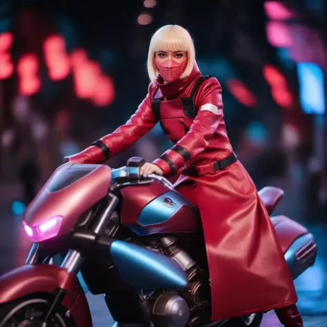 cinematic photo a woman with a pink mask in a red long coat and boots, smoking a cigaret, riding a futuristic motorbike,  cyberpunk art, cyberpunk city night lights background <lora:Kiwi1024-250:0.8> . 35mm photograph, film, bokeh, professional, 4k, highly detailed