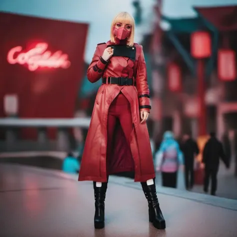 cinematic photo a full body woman with a pink mask in a red long coat and boots, smoking a cigaret, having a cocktail with a straw,  cyberpunk art, cyberpunk pub background <lora:Kiwi1024-250:0.8> . 35mm photograph, film, bokeh, professional, 4k, highly detailed