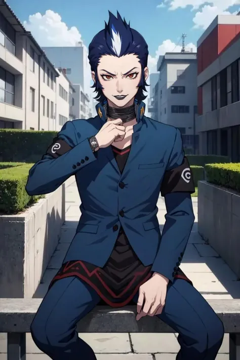 masterpiece, best quality, solo, 1boy, male focus,  smirk, looking at viewer,  <lora:Eikichi_Fp:1>, eikichip2, school uniform, pants,  black lips, armband, sitting, outdoors