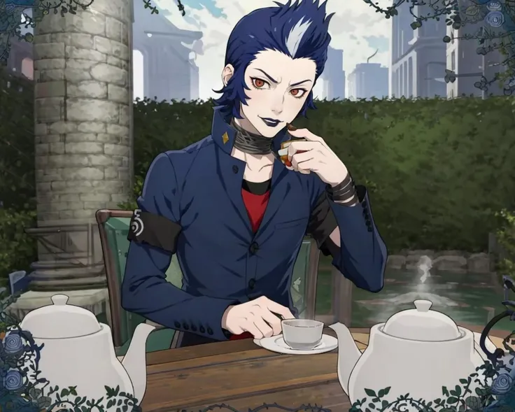 masterpiece, best quality, solo, 1boy, male focus, smirk, looking at viewer, <lora:Eikichi_Fp:1>, eikichip2, school uniform, pants, black lips, armband, <lora:Teatime-concept_Fp:0.8>, cup, table, food, teapot, outdoors, sitting