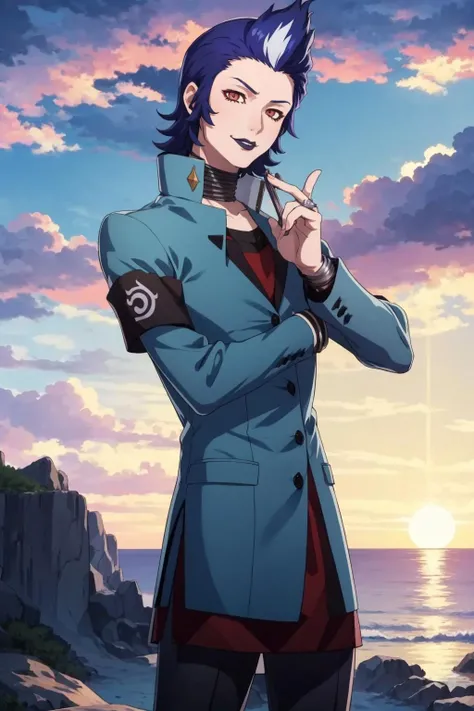 masterpiece, best quality, solo, 1boy, smirk, looking at viewer, <lora:KaidoV2_Fp:1>, kaidodesu, jacket, pants, long sleeves, <lora:FE-ENGAGE S Rank_Fp:1>, sunset, clouds, sky, upper body, hand in pocket,
