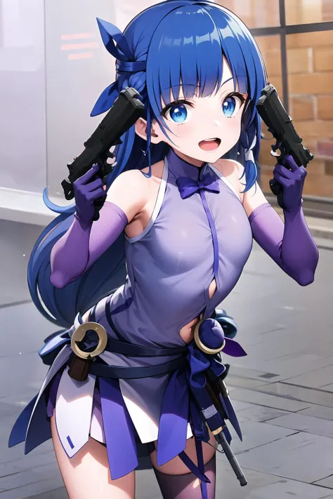 best quality, ultra high res, 1girl, hair ornament, sakigake_rei, <lyco:sakigake_rei_locon_5-000010:1:1:lbw=OUTD>, pointing, open mouth, :o, <lyco:Guns Akimbo:0.7>, guns akimbo, looking at viewer, smile, holding, weapon, teeth, holding weapon, gun, leaning forward, parody, holding gun, handgun, dual wielding, wide-eyed, crazy eyes, crazy smile