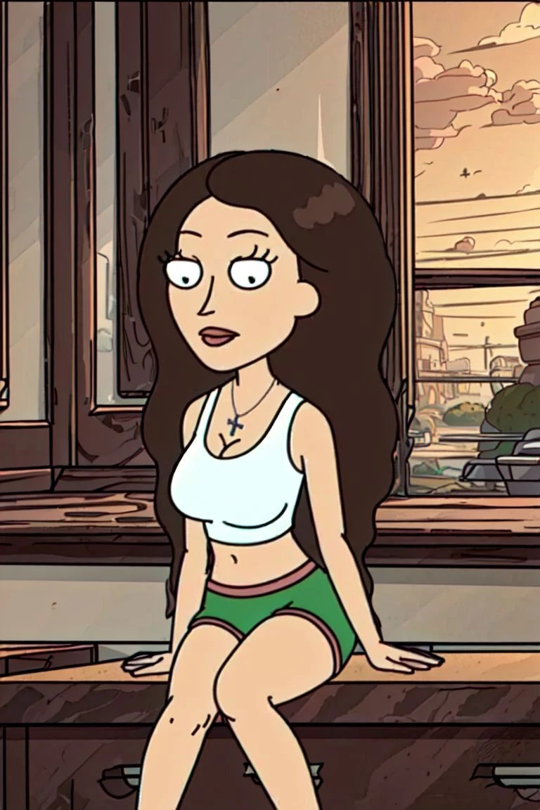(rule of thirds), (masterpiece), (highly detailed), (1girl, TriciaLange, brown hair, long hair, white sleeveless top, cross necklace, green shorts, sitting, looking at viewer, lips,) (halllway), (portrait), <lora:Ricknmorty_TriciaLange:0.9> <lora:Style_RickNMorty:0.2>