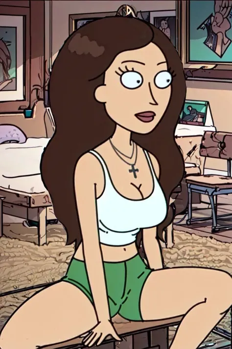 (rule of thirds), (masterpiece), (highly detailed), (1girl, TriciaLange, brown hair, long hair, white sleeveless top, cross necklace, green shorts, sitting on table, looking at viewer, lips, ) (halllway), (portrait), <lora:Ricknmorty_TriciaLange:0.95> <lora:Style_RickNMorty:0.15>