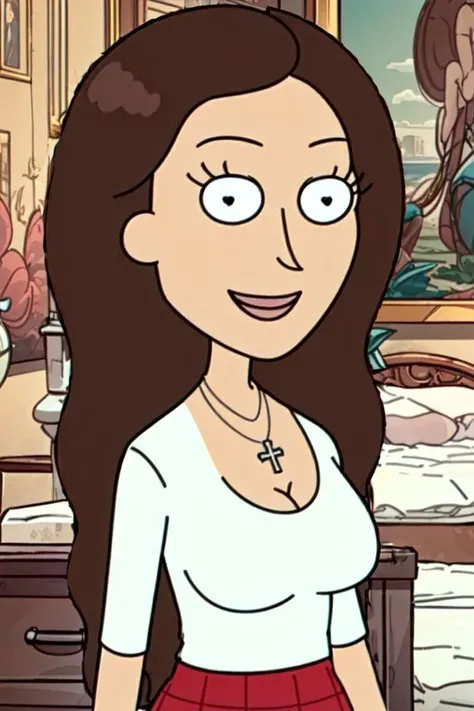 (rule of thirds), (masterpiece), (highly detailed), (1girl, TriciaLange, brunette, long hair, white shirt, cross necklace, red skirt, standing, looking at viewer, smiling,) (halllway), (portrait), (close up), <lora:Ricknmorty_TriciaLange:0.9> <lora:Style_RickNMorty:0.2>