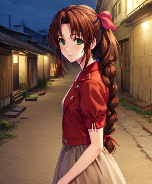 portrait, (adult woman), (1girl, solo), smile, (brown hair), green eyes, ((slums)), (night, hazy), ((best quality, high detail)), ((masterpiece)), <lora:Cha - Aerith v3:.75> aerith gainsborough, hair ribbon, braid, red cropped jacket, dress, <lora:1_Sankuro_20e:1>