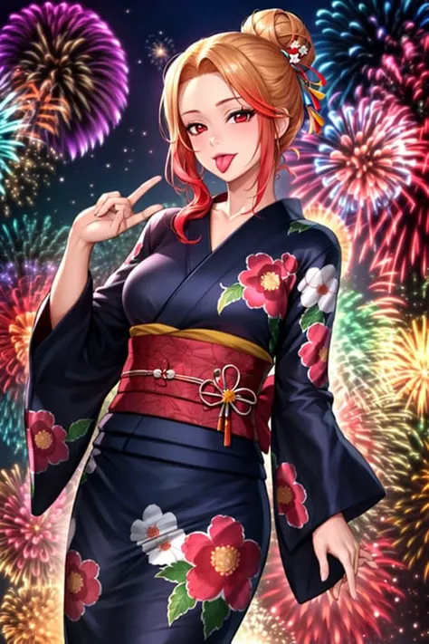 neoartcore, 1girl, black kimono, blonde hair, breasts, collarbone, dutch angle, firework background, fireworks, forehead, gradient hair, hair bun, japanese clothes, kimono, long hair, looking at viewer, medium breasts, multicolored hair, parted bangs, purple sash, red eyes, red hair, sash, sidelocks, single hair bun, solo, tongue, tongue out, yukata, ((masterpiece))  <lora:neoartcore_offset:1>
