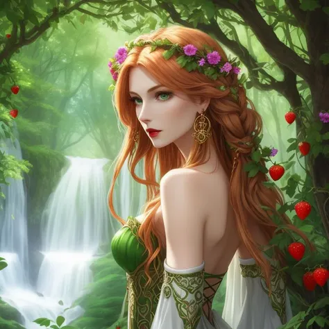 Druid, Enchantress, Average Height, Thin, Round Face, Fair Skin, Strawberry Blonde Hair, green Eyes, [[Curved Nose]], Thin Lips, Sharp Chin, Shoulder-Length Hair, Fine Hair, Herringbone Braid, soft breasts, Hoop earrings, gloss matte lipstick, An enchanted meadow, with colorful flowers and magical creatures roaming free, <lora:epiNoiseoffset_v2:1>