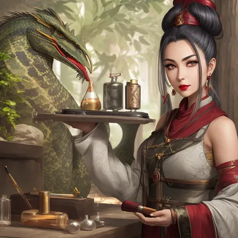 basilisk, Alchemist with a quill and ink for recording her experiments, Visionary, Short, Thin, Round Face, Tan Skin, Gray Hair, red Eyes, Short Nose, Thick Lips, Round Chin, Shoulder-Length Hair, Thick Hair, Top Knot, firm breasts, Dangle earrings, gloss matte lipstick