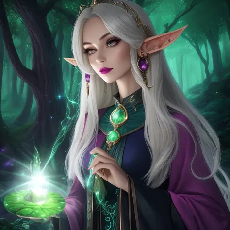 Wizard Focusing their mind to cast a powerful spell, Mistress, Average Height, Slim, Triangular Face, Olive Skin, Platinum Blonde Hair, Brown Eyes, Short Nose, Thick Lips, Round Chin, Long Hair, Coarse Hair, Angled Bob, saggy breasts, Threader earrings, magenta velvet lipstick, A lush elven forest, filled with towering trees and sparkling streams, <lora:epiNoiseoffset_v2:1>