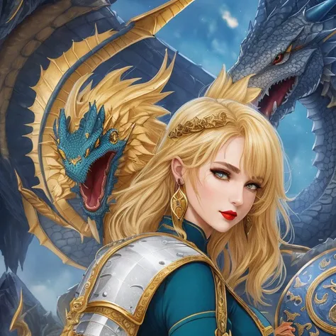Dragon Tamer, a medieval-style tunicwith a dragon design with a shield, a sword, and a dragon, Lady, Short, Slim, Oval Face, Fair Skin, Golden Blonde Hair, Hazel Eyes, Wide Nose, Thick Lips, Round Chin, Long Hair, Fine Hair, Fringed Bangs, large breasts, Faux gauge earrings, teal sheer lipstick