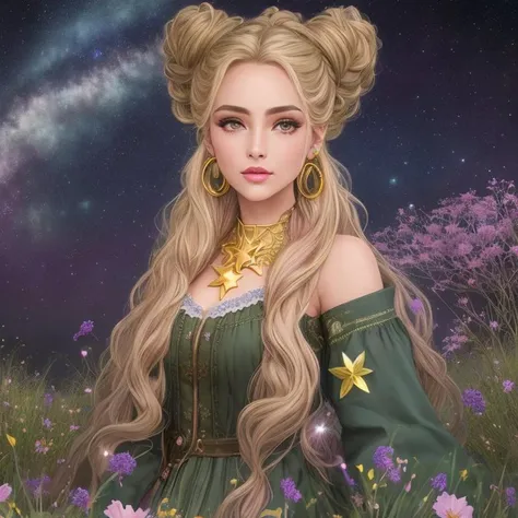 Celestial meadow with starlit grass and cosmic blooms., Alchemist in rags, Mistress, Average Height, in shape, Square Face, Olive Skin, Golden Blonde Hair, Brown Eyes with Green Flecks, Long Nose, Thin Lips, Receding Chin, Shoulder-Length Hair, Thick Hair, Long Curled Updo, full breasts, Faux gauge earrings, pink metallic lipstick