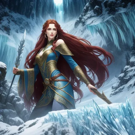 middle earth, Druid protecting the forest from invaders, Dame, Tall, Thin, Round Face, Olive Skin, Auburn Hair, peach Eyes, Long Nose, Full Lips, Prominent Chin, Long Hair, Thick Hair, Updo, small breasts, Faux gauge earrings, golden metallic lipstick, A frozen tundra, with icy peaks and frozen lakes stretching as far as the eye can see, Tolkien, <lora:epiNoiseoffset_v2:1>