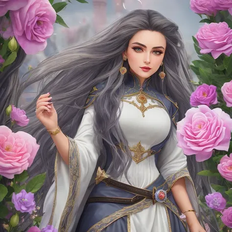 Cleric, Baroness, Short, Wide Hips, Heart-Shaped Face, Olive Skin, Gray Hair, Sapphire Eyes, [[Curved Nose]], Thin Lips, Sharp Chin, Long Hair, Wavy Hair, Fauxhawk, firm breasts, Stud earrings, rose cream lipstick, An enchanted meadow, with colorful flowers and magical creatures roaming free